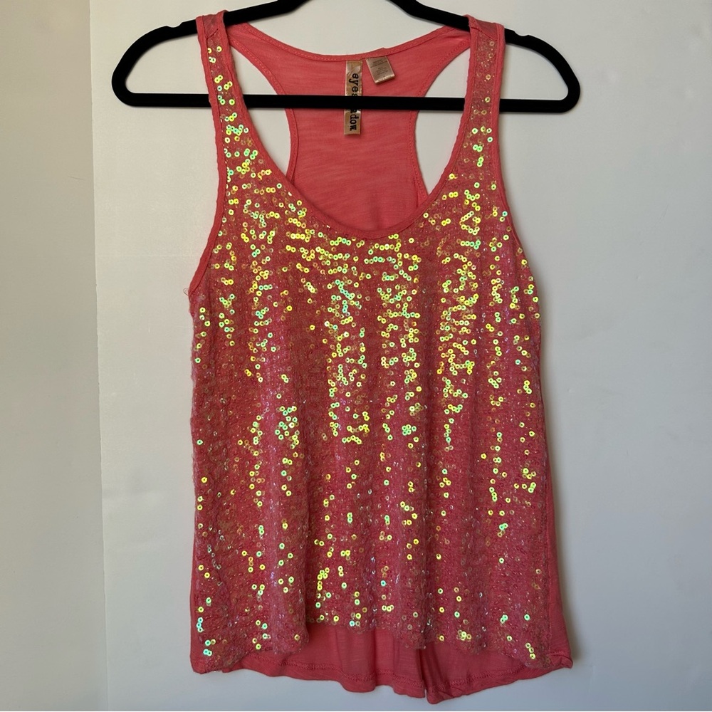 Eyeshadow Coral Peach Sequin Racer Back Tank Top Shirt Cottagecore Bohemian Sz M